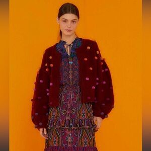 Farm Rio Rainbow Dots Cardigan Sweater in Burgundy Multi Size M